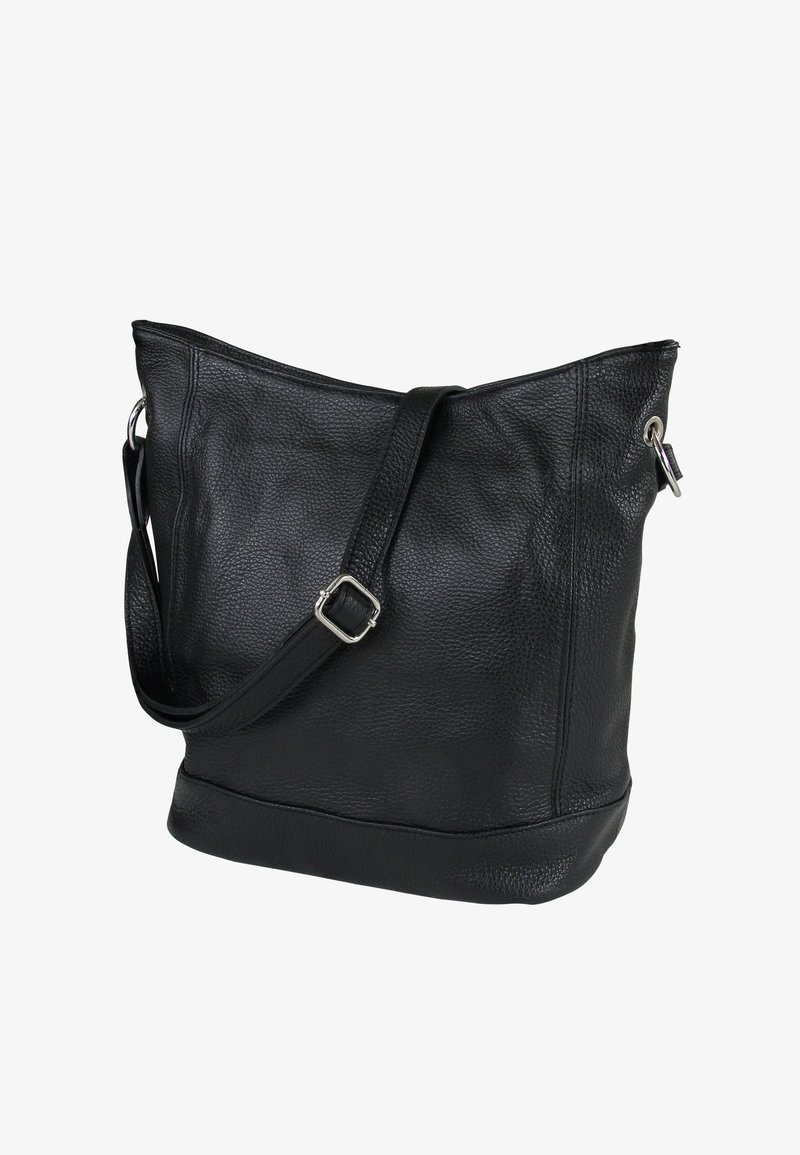 Black leather shoulder bag with a textured finish, a wide opening, adjustable strap, and silver hardware accents.