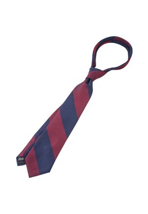 Stripete silkeslips med vekslende diagonale mørkeblå og burgunderrøde bånd, ferdig knytt med justerbar løkke.