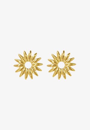 Goldene Ohrringe im Sonnenstrahlen-Design mit länglichen, spitz zulaufenden Blütenblättern, die von einem zentralen hohlen Kreis ausgehen, glänzende Oberflächenfinish.