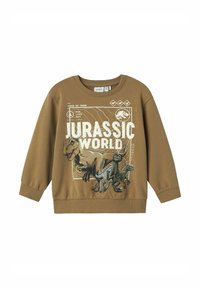 Felpa marrone con grafica di Jurassic World e dinosauri. Maniche lunghe, polsini a costine e design a girocollo. Tessuto morbido.