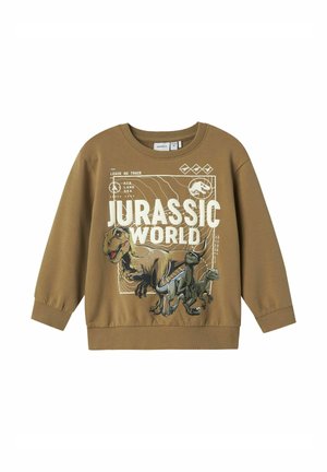 Braunes Sweatshirt mit einem Jurassic World Grafikdesign, das Dinosaurier zeigt. Lange Ärmel, gerippte Bündchen und Rundhalsausschnitt. Glatte Stofftextur.