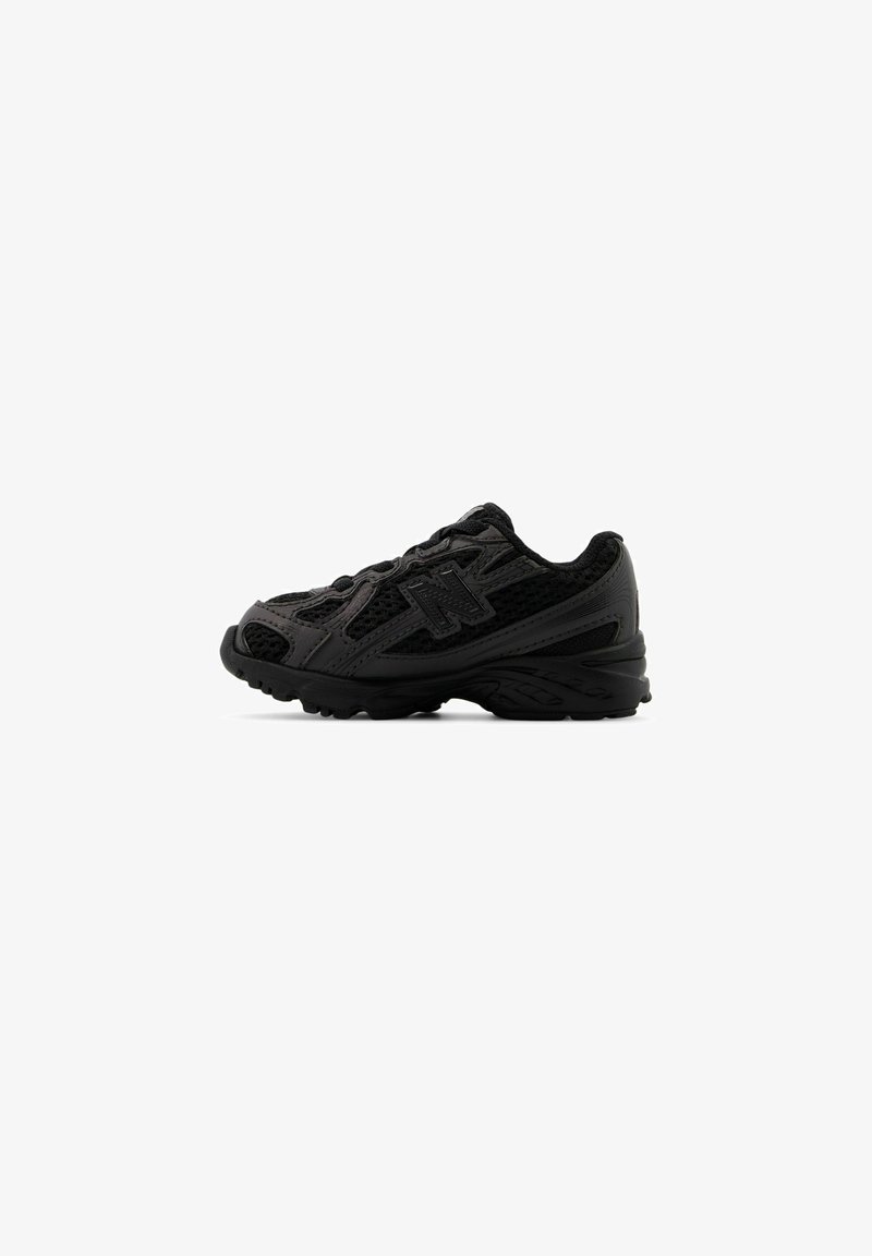 Black athletic shoe with a mesh and synthetic upper, textured pattern, rounded toe, cushioned sole, and prominent side logo.