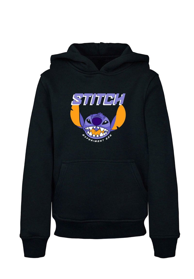 Sudadera negra con un bolsillo frontal. Presenta un gráfico de un personaje púrpura con orejas naranjas y dientes blancos, con el texto "STITCH" y "EXPERIMENTO 626".