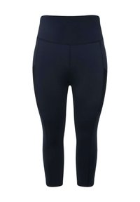 Leggings a vita alta e taglio crop in blu navy, realizzati in tessuto elasticizzato. Presentano una fascia in vita alta e tasche laterali. Texture liscia con cuciture minime.
