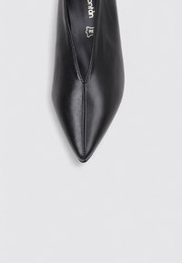 Zapato negro de cuero con puntera afilada y una textura suave, que cuenta con una costura central y un diseño minimalista. Ideal para ocasiones formales.
