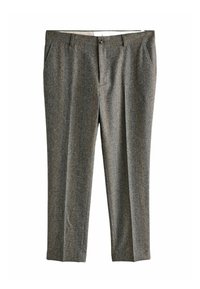 Gray herringbone pattern tailored trousers with front pockets, belt loops, button, and zip closure, displayed flat on white background.