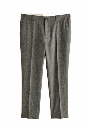 Grau karierte maßgeschneiderte Hose mit Fronttaschen, Gürtelschlaufen, Knopf- und Reißverschluss, flach auf weißem Hintergrund präsentiert.