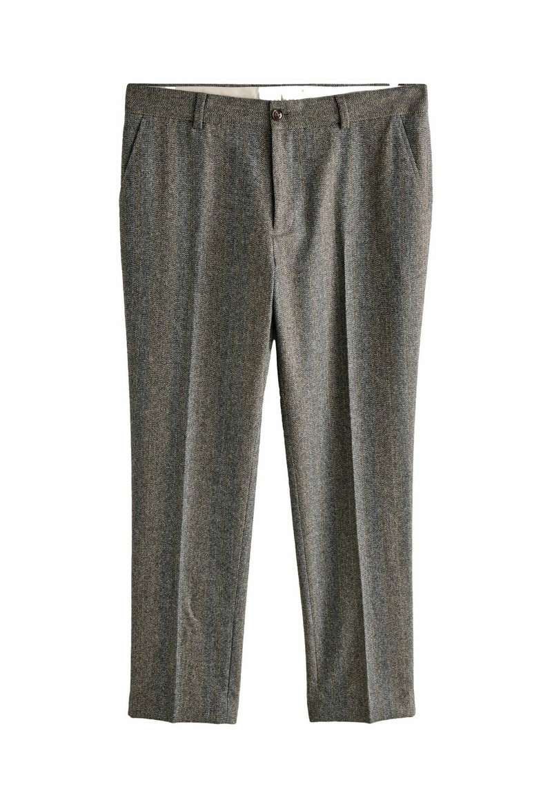Gray herringbone pattern tailored trousers with front pockets, belt loops, button, and zip closure, displayed flat on white background.