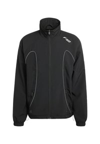 Μαύρο μπουφάν με φερμουάρ μπροστά, ψηλό γιακά και αντανακλαστικές λεπτομέρειες. Διαθέτει αναπνεύσιμες πλευρικές φάσες και ελαστικά μανίκια για εφαρμογή που αγκαλιάζει.