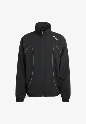 Čierna bunda so zipsom vpredu, vysokým golierom a reflexnými prvkami. Má priedušné bočné panely a elastické manžety pre pevné prispôsobenie.