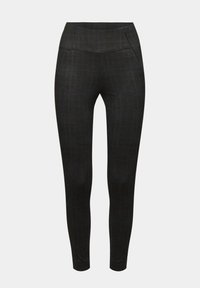 Leggings noirs taille haute avec un motif à carreaux subtil, coupe ajustée et poches latérales avant, présentés sur fond uni.