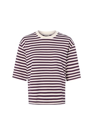 Short-sleeve shirt with white and dark purple horizontal stripes and a white crew neckline.