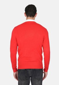 Maglione rosso a maglia con vestibilità standard. Presenta maniche lunghe, scollatura rotonda e polsini e orlo a costine. Indossato sopra jeans grigio scuro.