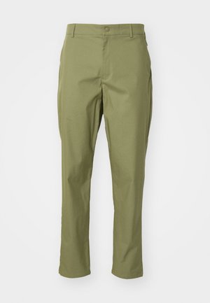 Olive green trousers with a straight-leg silhouette, featuring a button closure and tailored design. Smooth fabric with no visible patterns.