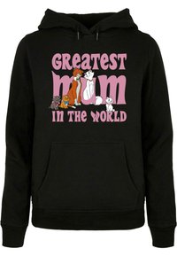 Felpa nera con testo "LA MAMMA PIÙ GRANDE DEL MONDO" in rosa e illustrazioni in stile cartone animato di cani e gatti. Tasca a marsupio frontale.