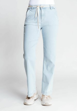 Light blue tailored pants made from denim, featuring a drawstring waist, side pockets, and a straight leg cut.