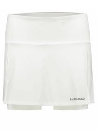 Witte tennisrok met aangenaaide shorts, gemaakt van lichtgewicht stof. Heeft een soepele textuur en een grijze logo detail aan de linkerkant van de zoom.
