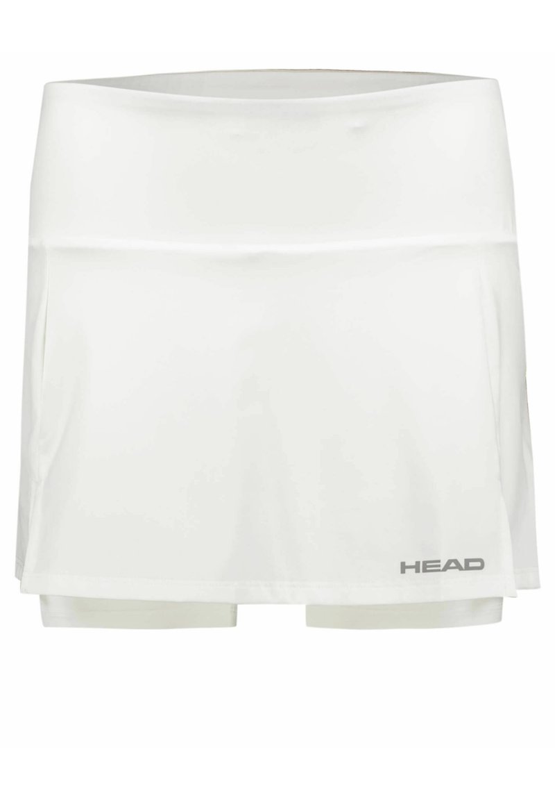 Witte tennisrok met aangenaaide shorts, gemaakt van lichtgewicht stof. Heeft een soepele textuur en een grijze logo detail aan de linkerkant van de zoom.