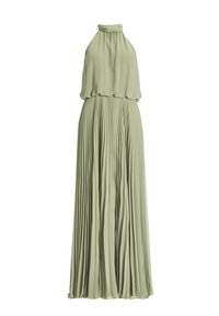 Robe maxi plissée sans manches vert sauge avec encolure halter et corsage ample et fluide.