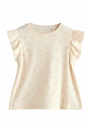 Creme ribbet kortærmet top med lille lyserødt blomsterprint og flæser på ærmerne, designet til små piger.
