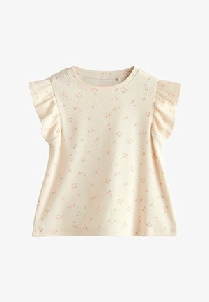Cremefarbener, gerippter Kurzarm-Top mit kleinem pinken Blumenmuster und Rüschenärmel, entworfen für Kleinkindmädchen.