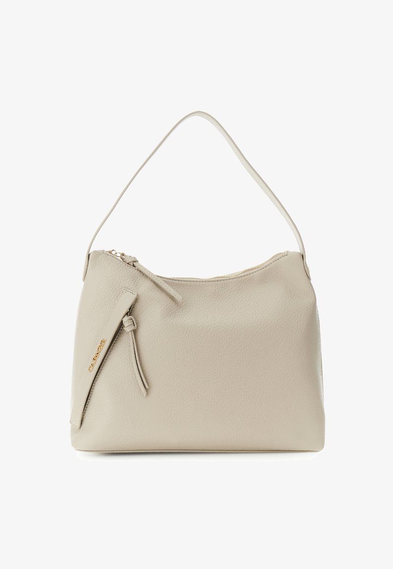 Beżowa skórzana torba na ramię o teksturowanym wykończeniu, złoty zamek błyskawiczny oraz akcentowa tasiemka z boku. Minimalistyczny design; średniej wielkości.