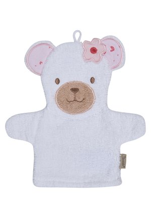 White terry cloth bear-shaped washcloth with embroidered face, pink inner ears, and a pink flower on one ear.