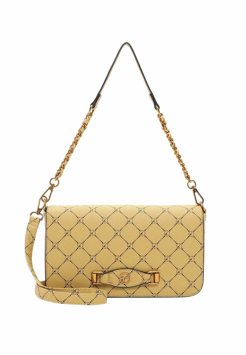 Sac bandoulière en cuir jaune avec bandoulière chaîne dorée et fermeture à rabat, présentant un motif circulaire répétitif et une boucle décorative.