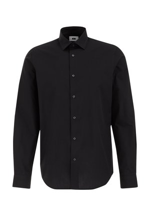 Black long-sleeve button-up shirt made of woven fabric, featuring a classic collar, straight hem, and black buttons along the front.