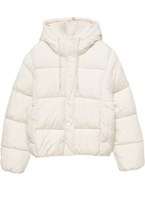 Lyhyt toppatakki vaaleassa kermanvärissä, jossa on huppu, säädettävät kiristysnauhat ja tikatut osiot. Sileä, teksturoitu kangas ja rento istuvuus.