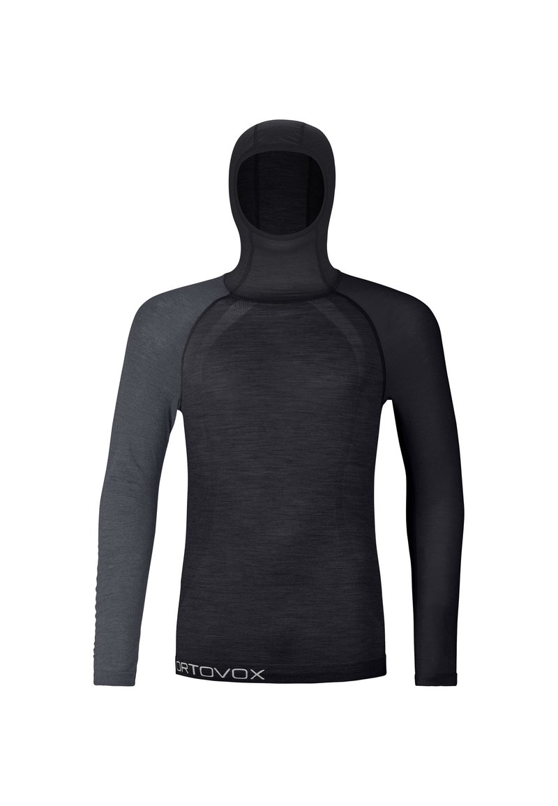 Hooded long-sleeve top in dark gray and black merino wool blend, featuring a smooth texture and logo at the hem.
