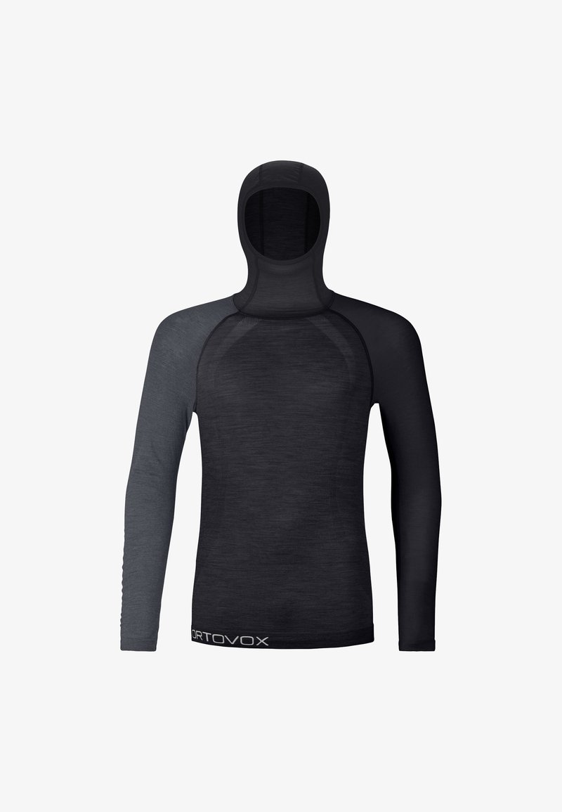 Hooded long-sleeve top in dark gray and black merino wool blend, featuring a smooth texture and logo at the hem.