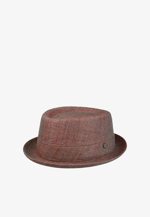 Brown textured fedora hat with a slightly curved brim and a small round metal emblem on the side.