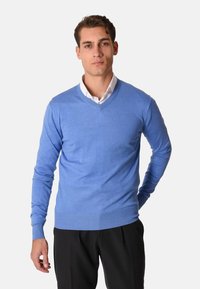 Maglione azzurro chiaro a collo a V, tessitura a maglia, maniche lunghe, design aderente, indossato sopra una camicia bianca con colletto, abbinato a pantaloni scuri.