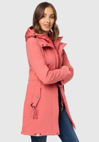 Pink, hooded jacket with a zip and snap closure, adjustable drawstrings at the waist, and side pockets. Smooth texture, casual fit.