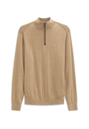 Pullover beige a maniche lunghe con colletto a mezza zip, polsini e orlo a coste. Realizzato in tessuto morbido con una leggera texture e un piccolo dettaglio del logo.