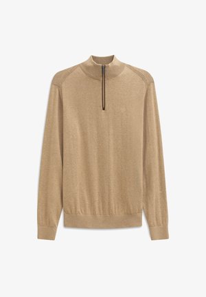 Pullover beige a maniche lunghe con colletto a mezza zip, polsini e orlo a coste. Realizzato in tessuto morbido con una leggera texture e un piccolo dettaglio del logo.