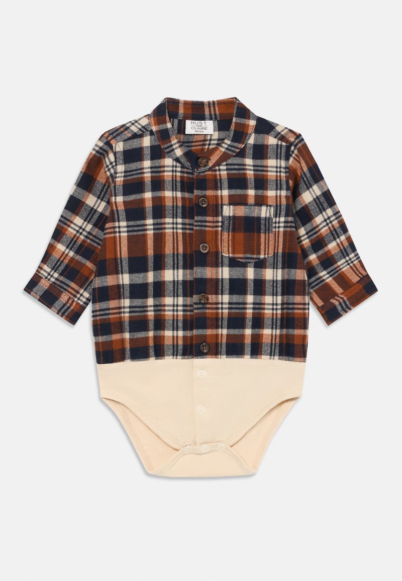 Body in plaid con un motivo marrone, blu navy e crema, con colletto, chiusura frontale a bottoni e parte inferiore in cotone crema con chiusure a bottoni.