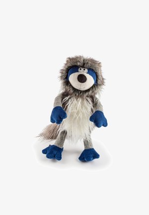 Plush raccoon toy with gray fur, white belly, blue accents on hands and face. Features large eyes and a long, bushy tail.