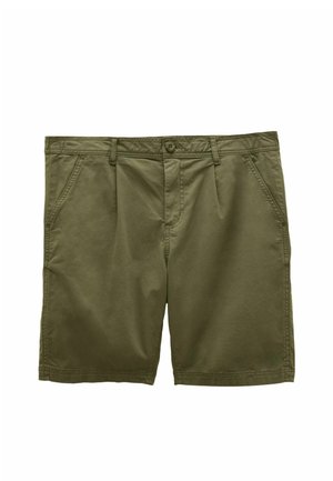 Olivgrüne Freizeithose mit Knopf vorn, Reißverschluss, Gürtelschlaufen und schrägen Seitentaschen, flach auf weißem Hintergrund präsentiert.