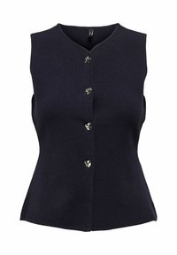 Marineblaues ärmelloses Oberteil mit taillierter Passform, V-Ausschnitt und fünf glänzenden, metallgrauen Knöpfen an der Vorderseite. weiche Textur.