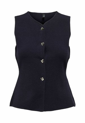 Gilet sans manches marine au design ajusté, avec un décolleté en V et cinq boutons gris métallisés brillants à l'avant. Texture douce.