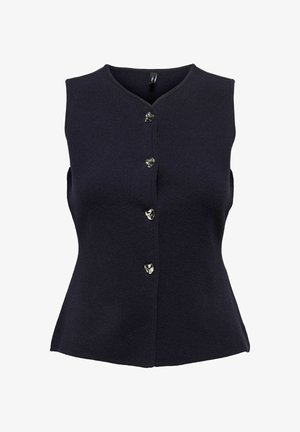 Granatowa bezrękawna kamizelka o dopasowanym kroju, z dekoltem w serek i pięcioma błyszczącymi, metaliczno-szarymi guzikami z przodu. Miękka tekstura.