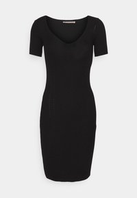 Robe bodycon tricotée noire avec un décolleté en V profond et des manches courtes. Présente des détails latéraux discrets et une silhouette ajustée.