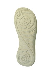 Merrell shoe sole in light cream. Features textured surface with swirling patterns and grooves for grip and flexibility.