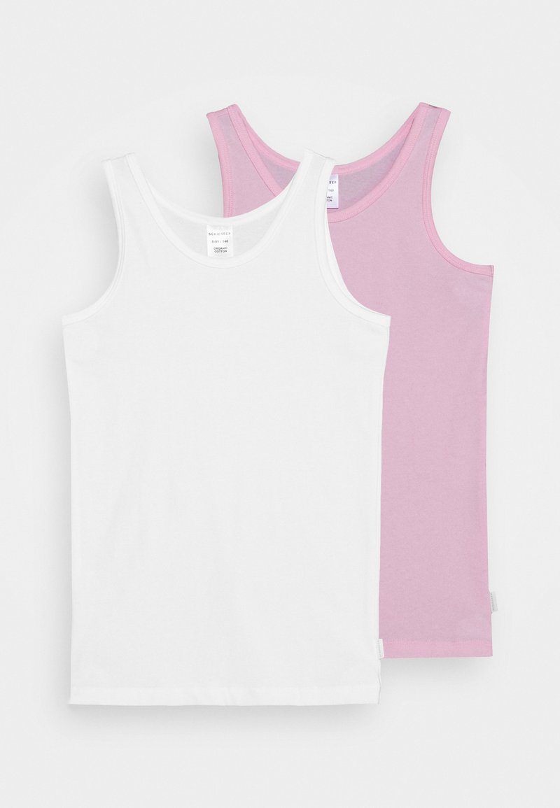 Two tank tops: one white and one light pink. Both feature a rounded neckline and are made of soft cotton. Simple design, no patterns.