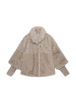 Giacca in pelliccia sintetica beige chiaro con una texture soffice, dotata di un ampio colletto e polsini a coste in maglia. Il design è squadrato e corto.