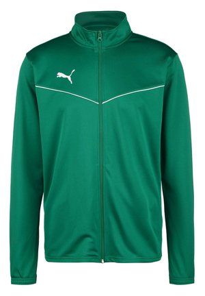 Veste zippée verte en tissu lisse et léger, avec des lignes d'accent blanches et un petit logo Puma sur la poitrine.