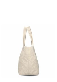 Borsa a spalla beige trapuntata con lati rigidi, due manici piatti e un motivo a zigzag. Tessuto morbido, di dimensioni medie, adatta per un uso casual.