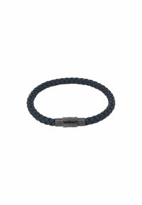 Pulsera de cuero trenzado negro con un elegante cierre metálico, forma redonda y acabado texturizado. Adecuada para uso casual o formal.